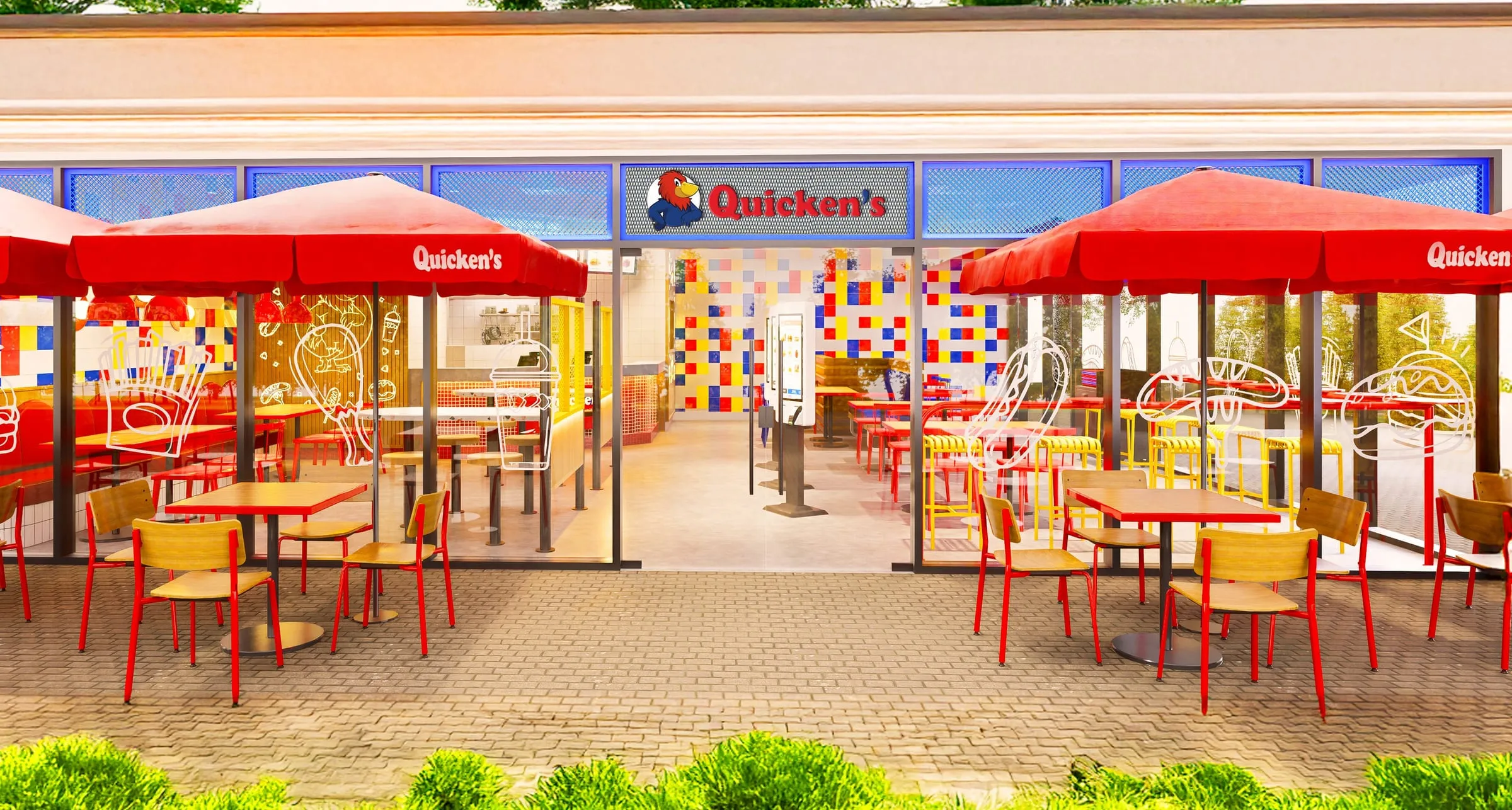 Architectural render of a Quicken’s restaurant front with red parasols, outdoor seating and a tiled red, blue and yellow interior