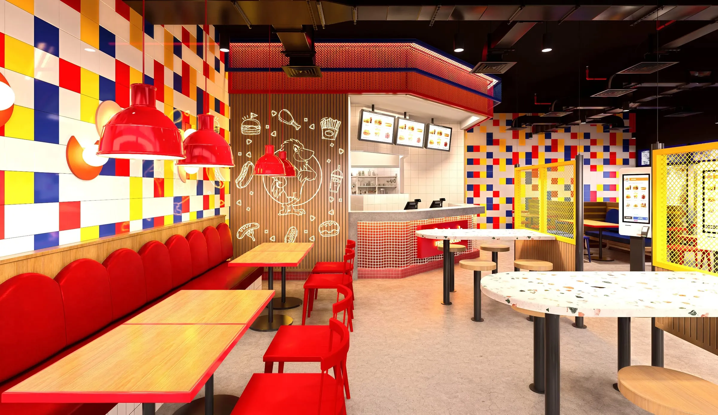 Architectural render of a Quicken’s dining room with red and blue seating, timber slats and menu screens above the counter
