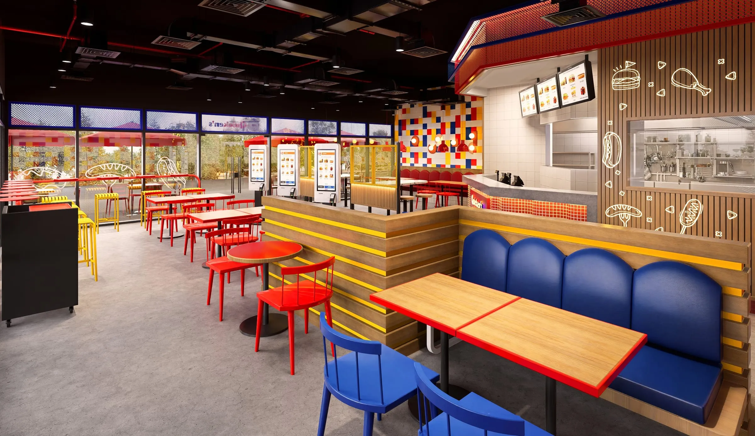 Architectural render of a Quicken’s interior with red bench seating, pendant lamps and a red, blue and yellow tiled wall