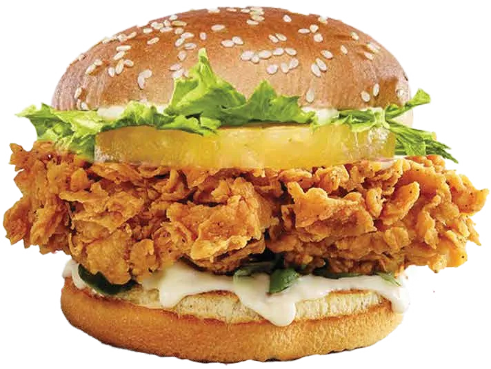 Crispy chicken fillet burger with a slice of pineapple and lettuce