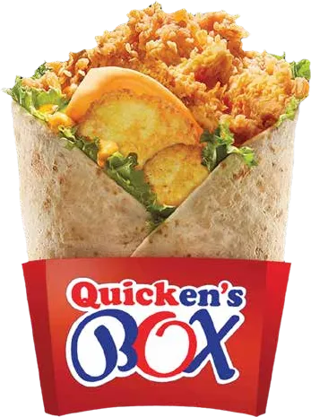Quicken’s Box: a wrap with crispy chicken, cheese and hash brown in a Quicken’s Box sleeve