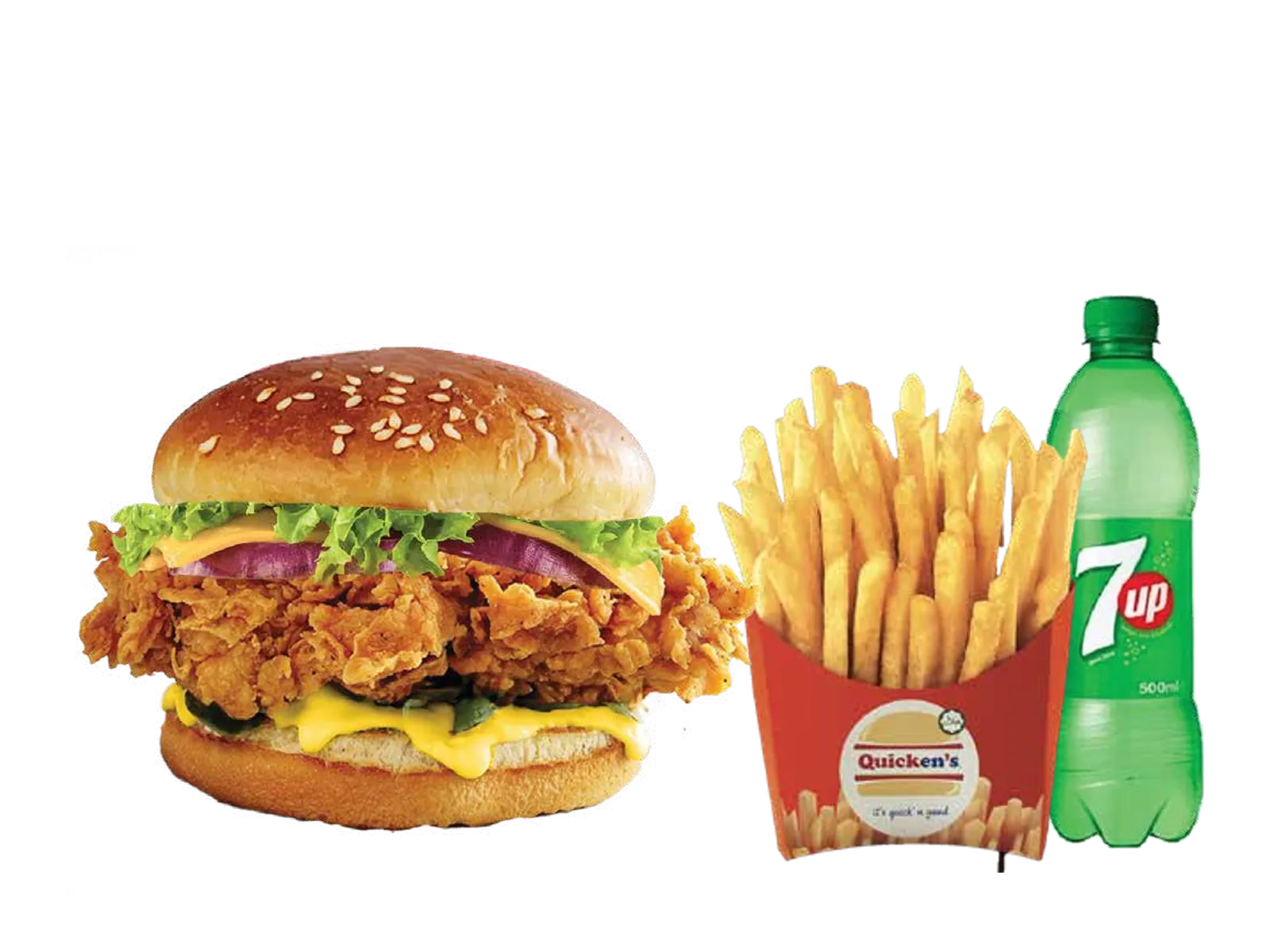 Super Quicken’s burger meal with chips and a soft drink