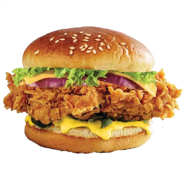 The Super Quicken’s burger with crispy chicken, cheese, red onion and lettuce