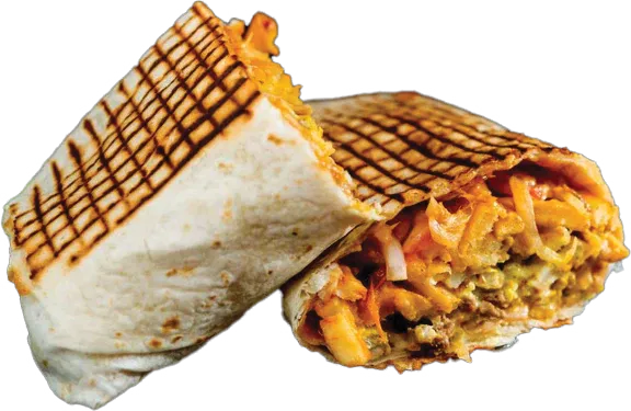 Toasted, grill-marked tacos cut in half, filled with chicken and cheese